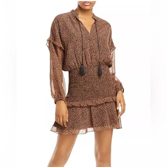 Aqua Printed Ruffle Mini Dress Brown Leopard Print Bloomingdale’s Size S - Picture 1 of 16
